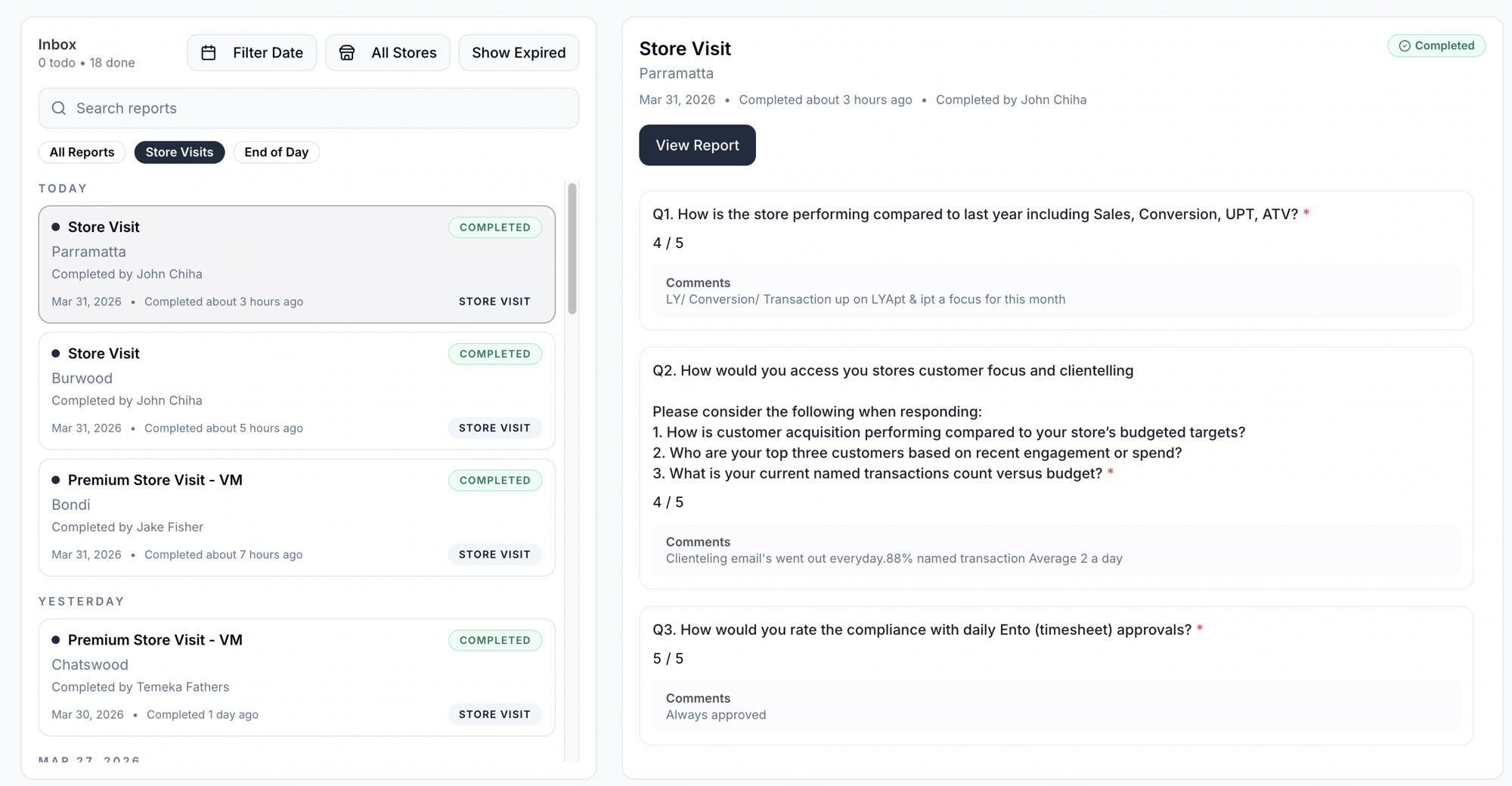End of Day Reporting interface